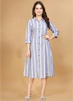 Cotton Blue Casual Wear Printed Readymade Gown